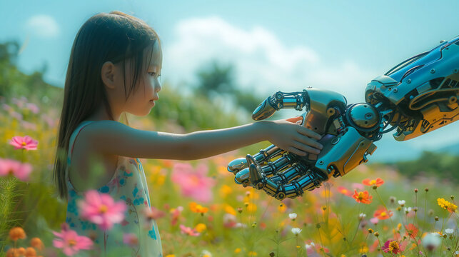 A child and a robot handshake amidst colorful flowers This image symbolizes the harmony between humans and artificial intelligence Perfect for technology integration, AI-human collaboration
