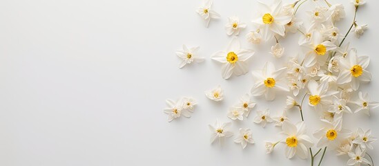 A cluster of white and yellow daffodil flowers in full bloom placed on a clean white background. The contrasting colors create a visually striking composition.