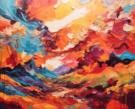 Abstract painting with thick textured paint depicting a mountain landscape