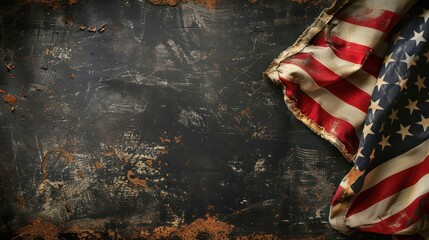 Vintage American flag on a rustic, weathered metallic background. Patriotic and memorial concept with copy space