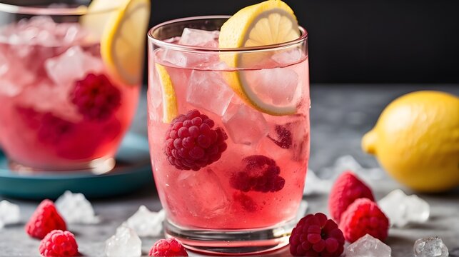 A glass of iced raspberry lemonade with crushed ice and a lemon wedge