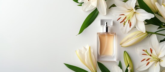 A perfume bottle is placed amidst a variety of blooming flowers, specifically lilies, all set against a plain white background. The bottle is the focal point, with the colorful and fragrant flowers - obrazy, fototapety, plakaty