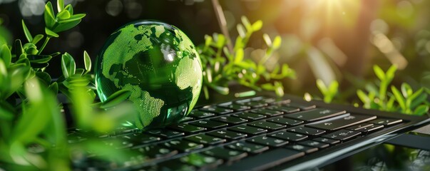 Green eco-friendly globe concept on a laptop keyboard with natural light. Sustainable technology and environment concept with copy space - obrazy, fototapety, plakaty