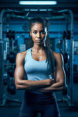 Fototapeta na wymiar A portrait of a young black woman standing confidently with her arms crossed in a gym