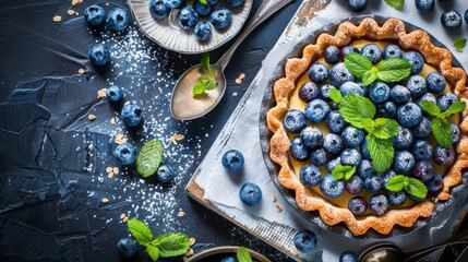 Obraz na płótnie Canvas Blueberry mini tart on white cutting board with vintage teaspoons, top view of delicious dessert