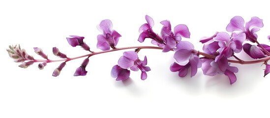 A branch of purple hyacinth bean flowers stands out against a bright white background. The delicate blossoms showcase their beauty and elegance in this simple yet striking composition.