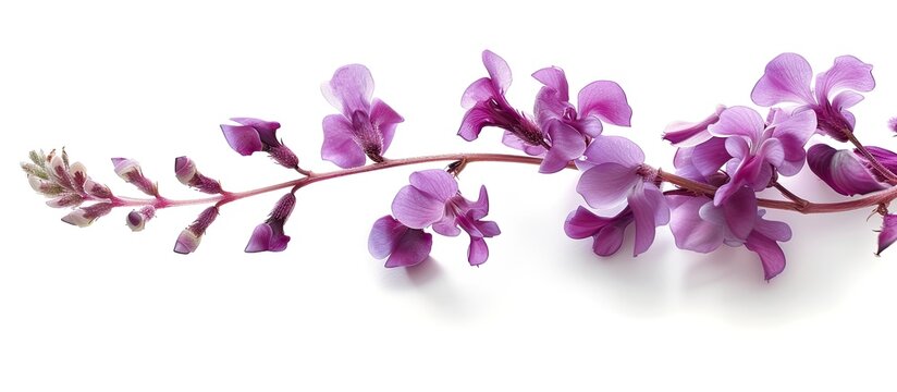 A branch of purple hyacinth bean flowers stands out against a bright white background. The delicate blossoms showcase their beauty and elegance in this simple yet striking composition.