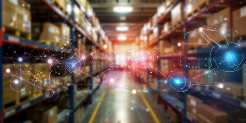 A large warehouse bustling with activity, shelves stacked high with various items. Distribution center and logistics technology concept.