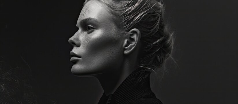 A black and white portrait capturing the facial features of a woman. The image shows a close-up of the womans face with striking contrasts and details.