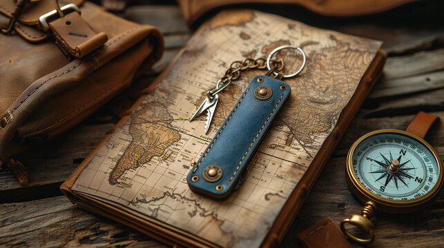 Vintage travel essentials laid on a wooden surface featuring an old map, leather bag, compass, and keychain. This image is perfect for: travel blogs, historical articles, adventure themes.