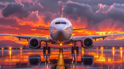 Airplane taking off on runway under dramatic sky with sunlight glare on wings, impressive scenery.