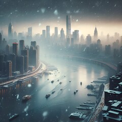 A highly detailed, impeccably composed image of a city skyline viewed across a body of water during the winter season with snowfall.