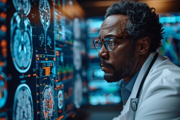 Fototapeta premium Medical professional interpreting internal organ visuals on futuristic screen