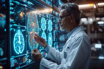 Physician analyzing medical scans on futuristic monitor