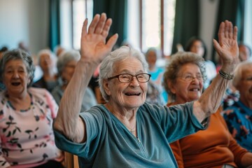 Joyful pensioners engaging in group activities at nursing home