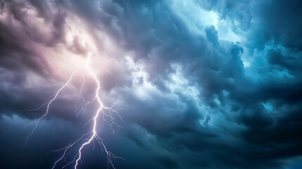 A bolt of lightning streaking across the sky against a backdrop of ominous thunderclouds - obrazy, fototapety, plakaty
