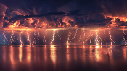 Naklejka premium Multiple lightning strikes illuminating the night sky in a spectacular dance of light and energy