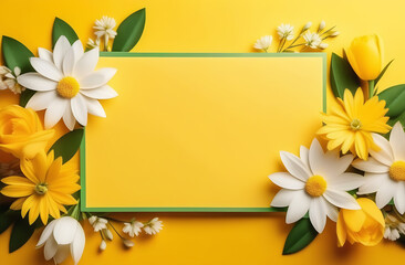 Banner with spring flowers on a yellow background. Greeting card template for wedding, mother's day or women's day. Spring composition with copy space