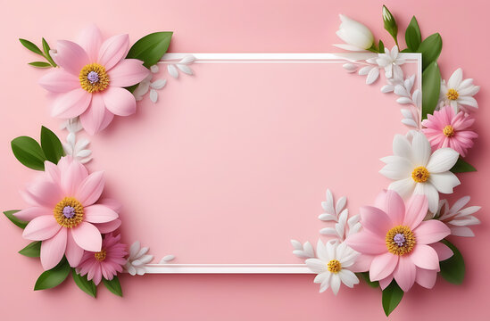 Banner with spring flowers on a light pink background. Greeting card template for wedding, mother's day or women's day. Spring composition with copy space.