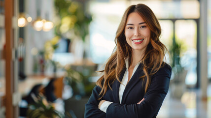 Fototapeta premium A smiling woman in a suit stands confidently in an office, embodying professionalism and success.