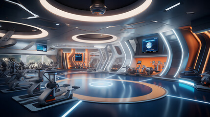 A gym interior for a space travel fitness center, with space-themed workouts and futuristic...