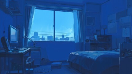 Blue-themed anime bedroom with a city view from the window