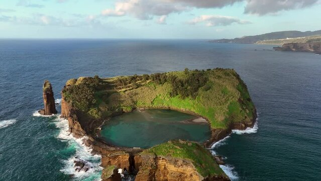 4k Aerial shot of Vila Franca do Campo volcanic island in atlantic ocean, San Miguel, Azores, Portugal. footage Drone flying over volcanic islet
