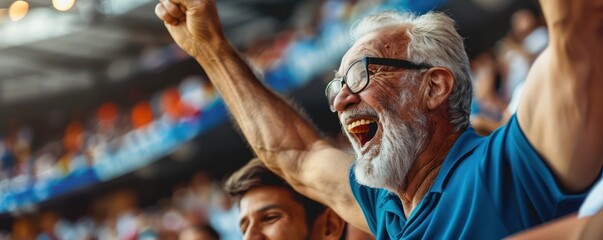 A delighted mature man and his elderly dad cheering on their favorite team together at the stadium during a sports event. - obrazy, fototapety, plakaty