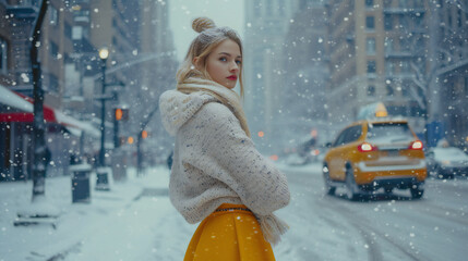 A woman enjoys the serene cityscape amidst a gentle snowfall, wrapped in a cozy sweater. This image is perfect for: winter, city life, tranquility, snowfall, urban winter scene. - obrazy, fototapety, plakaty