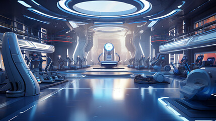 A gym interior for a space travel fitness center, with space-themed workouts and futuristic...