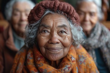 Joyful pensioners engaging in social interactions at a care center - obrazy, fototapety, plakaty