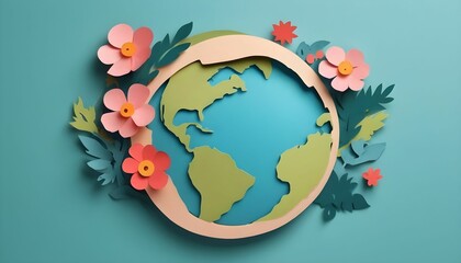 paper cut and craft style Earth Illustration with flowers created with generative ai.