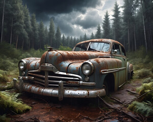 old rusty car in the forest