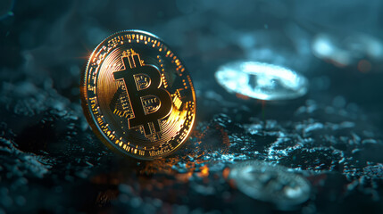 Blue and gold coin amidst currency, euro, and finance concepts