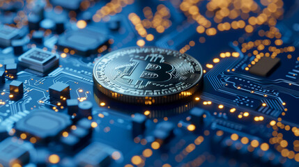 Euro Coins and Circuit Board Technology on Blue Background