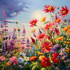 Fototapeta na wymiar Vibrant Canvas of Radiant Petals: A Stunner Display of Bright, Colorful Flowers in Full Bloom