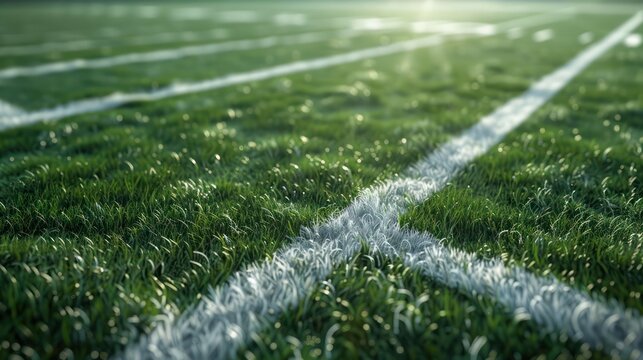 Detailed view of white chalk lines on a lush football field with morning dew.