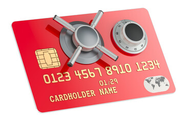 Credit bank card with safe combination lock, security payment concept. 3D rendering isolated on transparent background