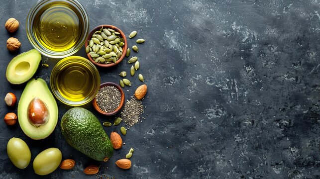 Healthy fats selection with avocado, nuts, seeds, olive oil on wooden background, space for text.