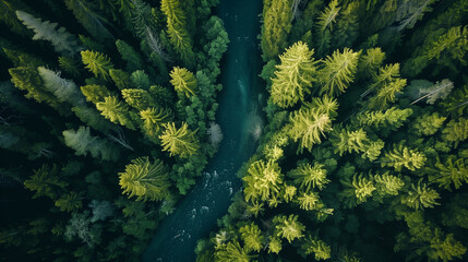 A river runs through a forest with trees on both sides,  aerial landscapes