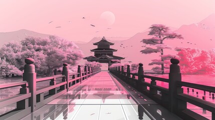 Pink and white traditional Japanese pagoda and bridge landscape. Surreal nature concept for poster and wallpaper design