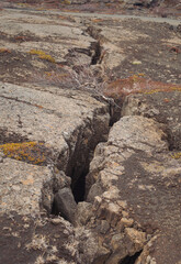 Fault zone (Thingvellir National Park, Iceland). Basalt lava. Iceland National Park canyon continental divide plate rock rift during day , view of landscape with rocky mountain.