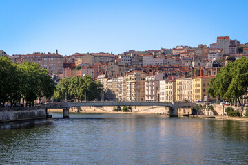 Fototapeta na wymiar Views from the Rhone river in the city of Lyon, France