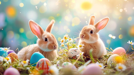 Two bunny with colorful easter eggs in flowery meadow. Happy easter background