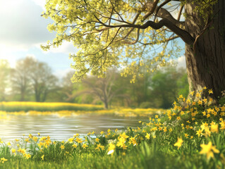 Idyllic Spring Landscape with Blooming Daffodils by the Riverside