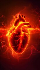 Digital red pulse line on black heart shape background, health, cardiology, cardiovascular concept.
