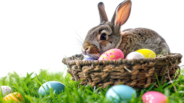 Easter bunny rabbit sitting in a basket with colorful painted easter eggs and green grass isolate on white background