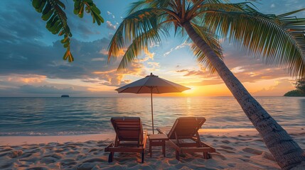 Beach resort hotel romantic holiday sun beds, an umbrella on a Beautiful tropical sunset scenery,...