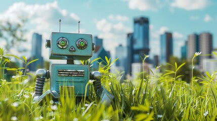 Funny Robot toy in a meadow with a city in the background