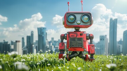 Funny Robot toy in a meadow with a city in the background